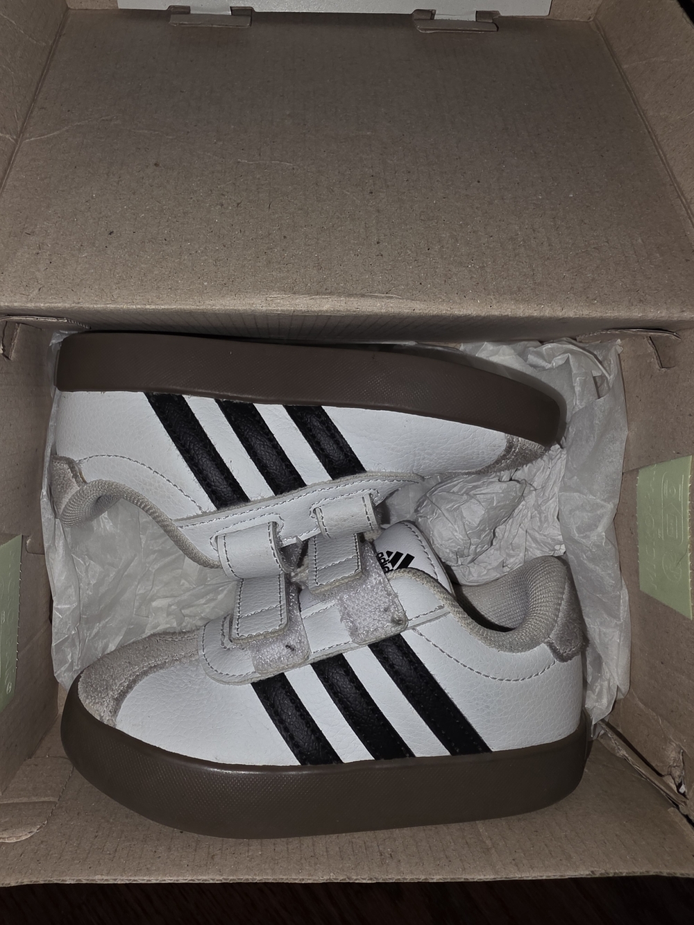 adidas White Kids Sneakers with Black Stripes and Brown Sole